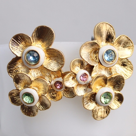 Vintage Jewelry - Vintage Gold Tone Floral Cascading Drop Multi-Stone Pierced Earrings NWT